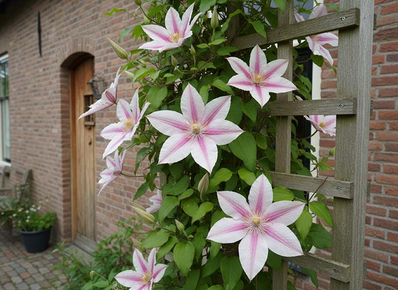 Grootbloemige Clematis bij een entree met klimrek