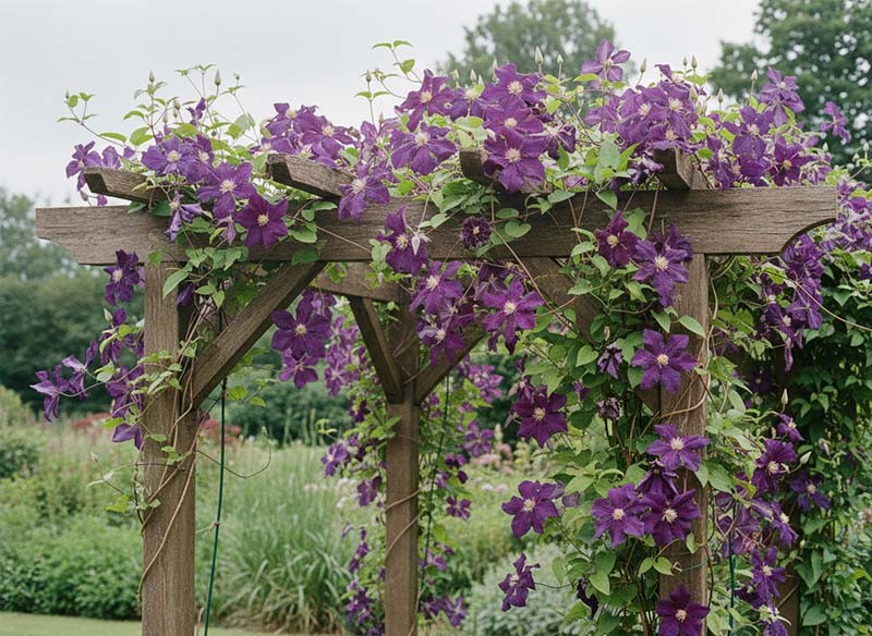 Clematis als bloeiende klimplant bij een pergola of schutting