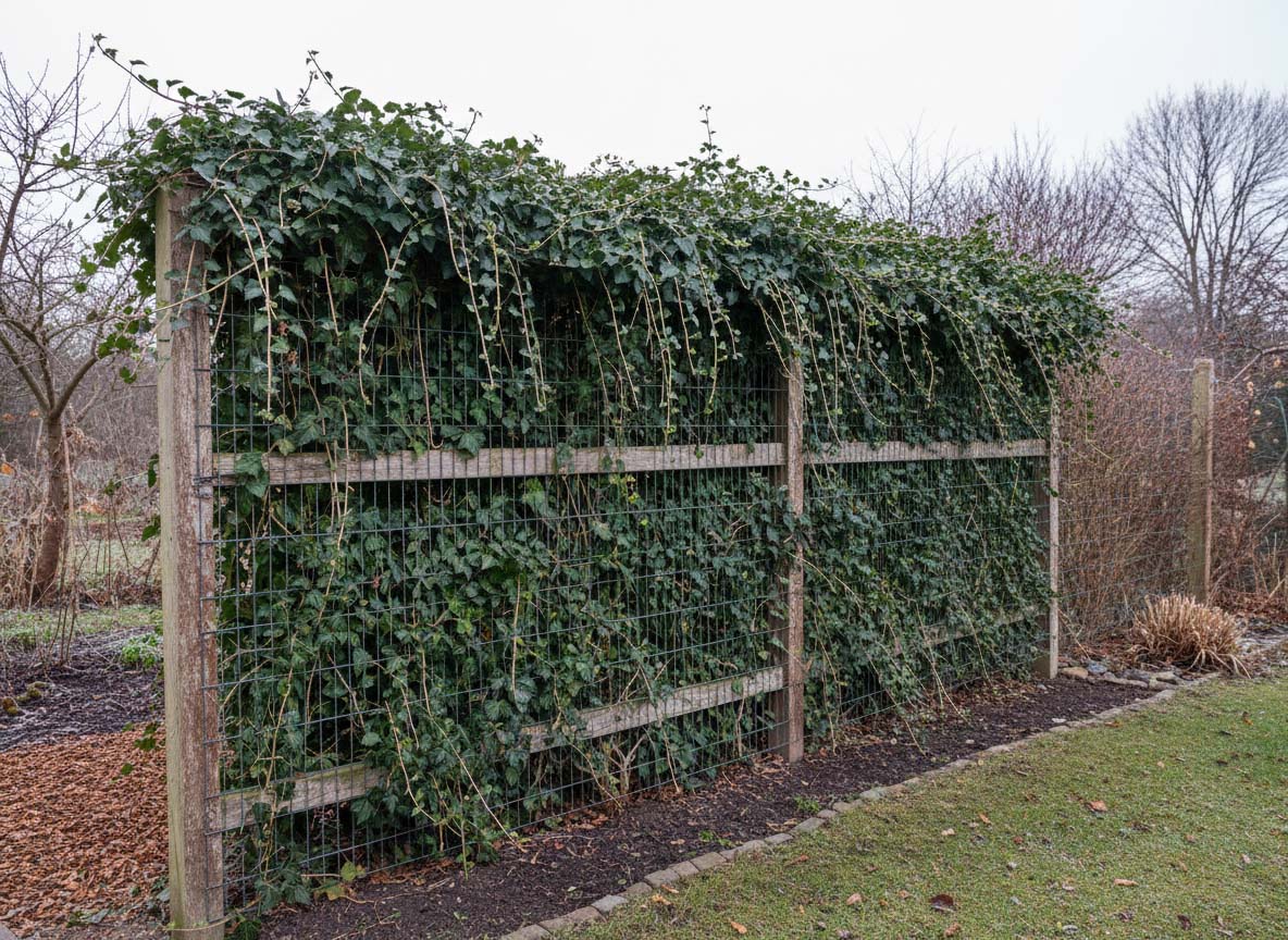Klimop Hedera tegen een groene schutting in de winter