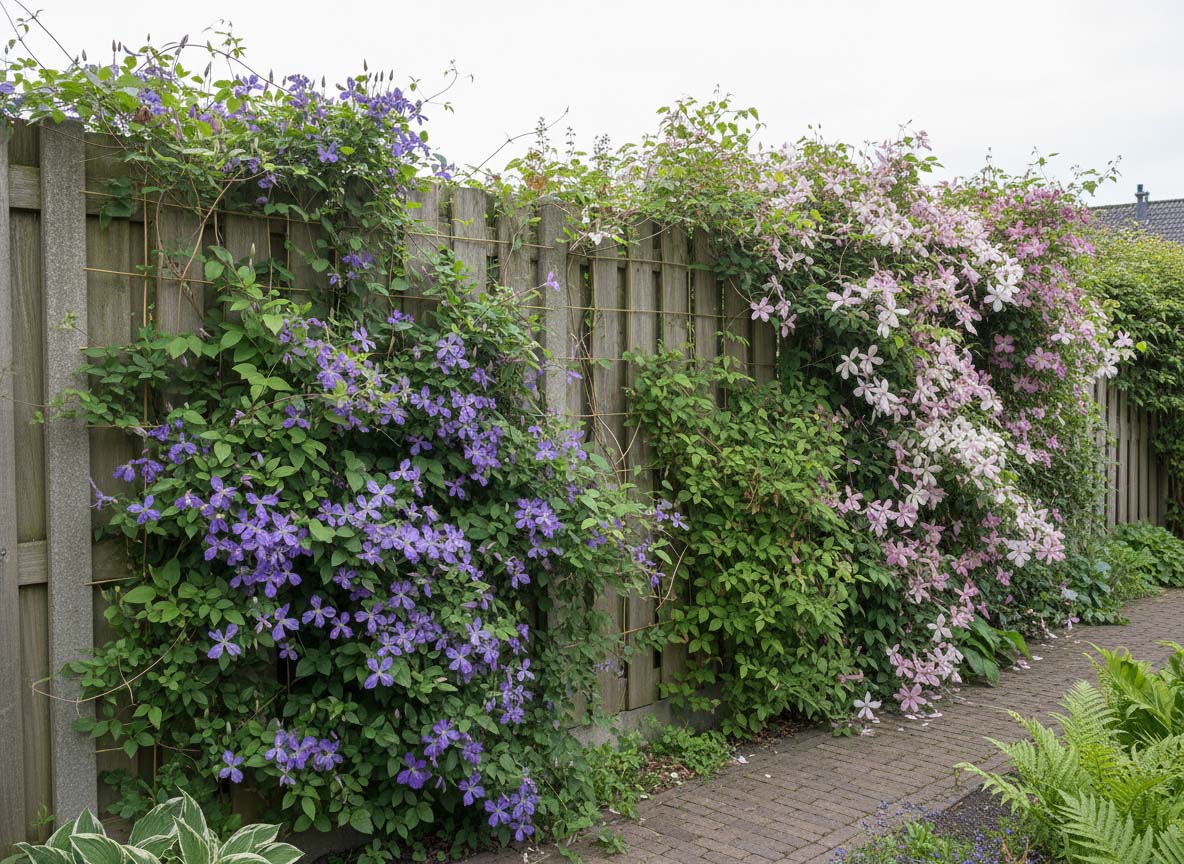 Schutting bijna bedekt met Clematis