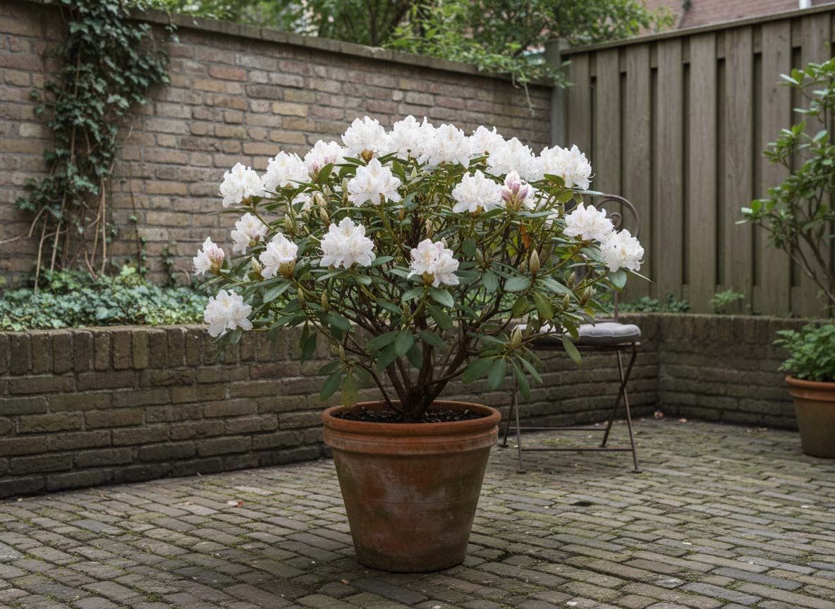 Compacte rododendron in pot op terras