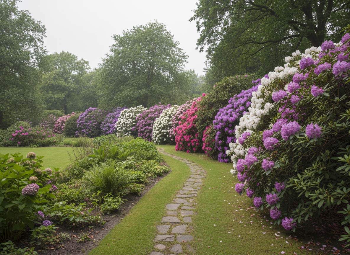 Rododendron in pot op een terras of in een kleine tuin