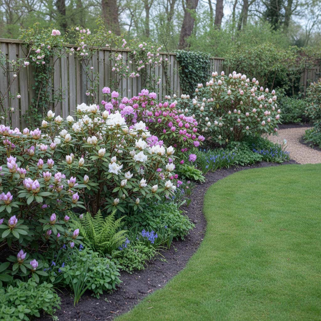 Romantische voorjaarstuin met lichtbloeiende rododendrons