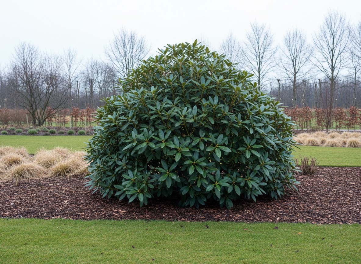 Rododendron in de winter met mulchlaag tegen vorst en uitdroging