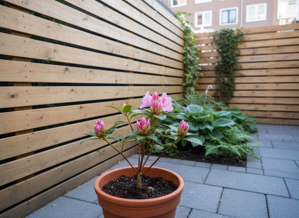 Jonge rododendron met bloemknoppen in het voorjaar